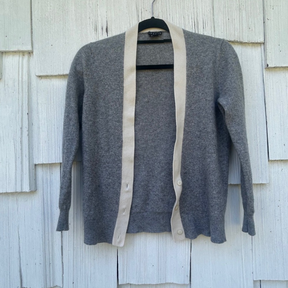 Theory Womens 100% Cashmere Button Front Cardigan Heather Gray Cream Trim Small